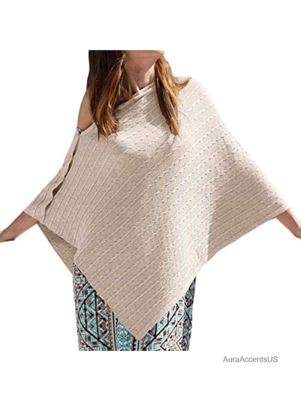 Viscose Blend Cable Knit Poncho Shawl Wrap with 6-Way Button Design